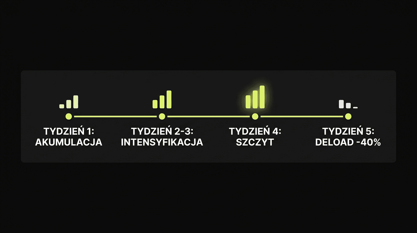 Infografika oś czasu mezocyklu treningowego: akumulacja, intensyfikacja, deload