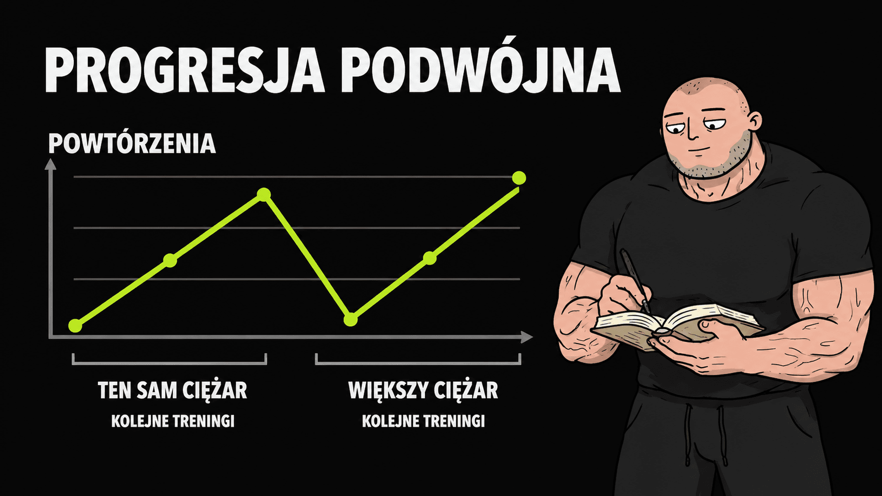 Wykres powtórzeń rośnie, wraca do dolnego zakresu po zwiększeniu ciężaru i rośnie ponownie; Benio zapisuje wyniki.
