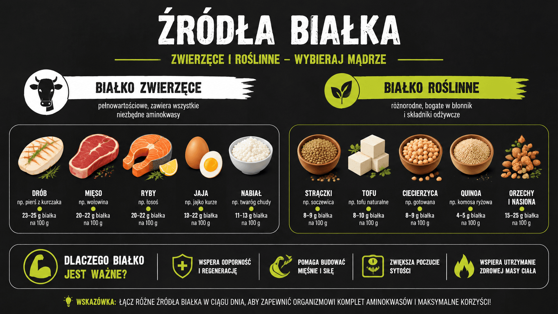 Talerz produktów bogatych w białko: mięso, nabiał, jaja i rośliny strączkowe